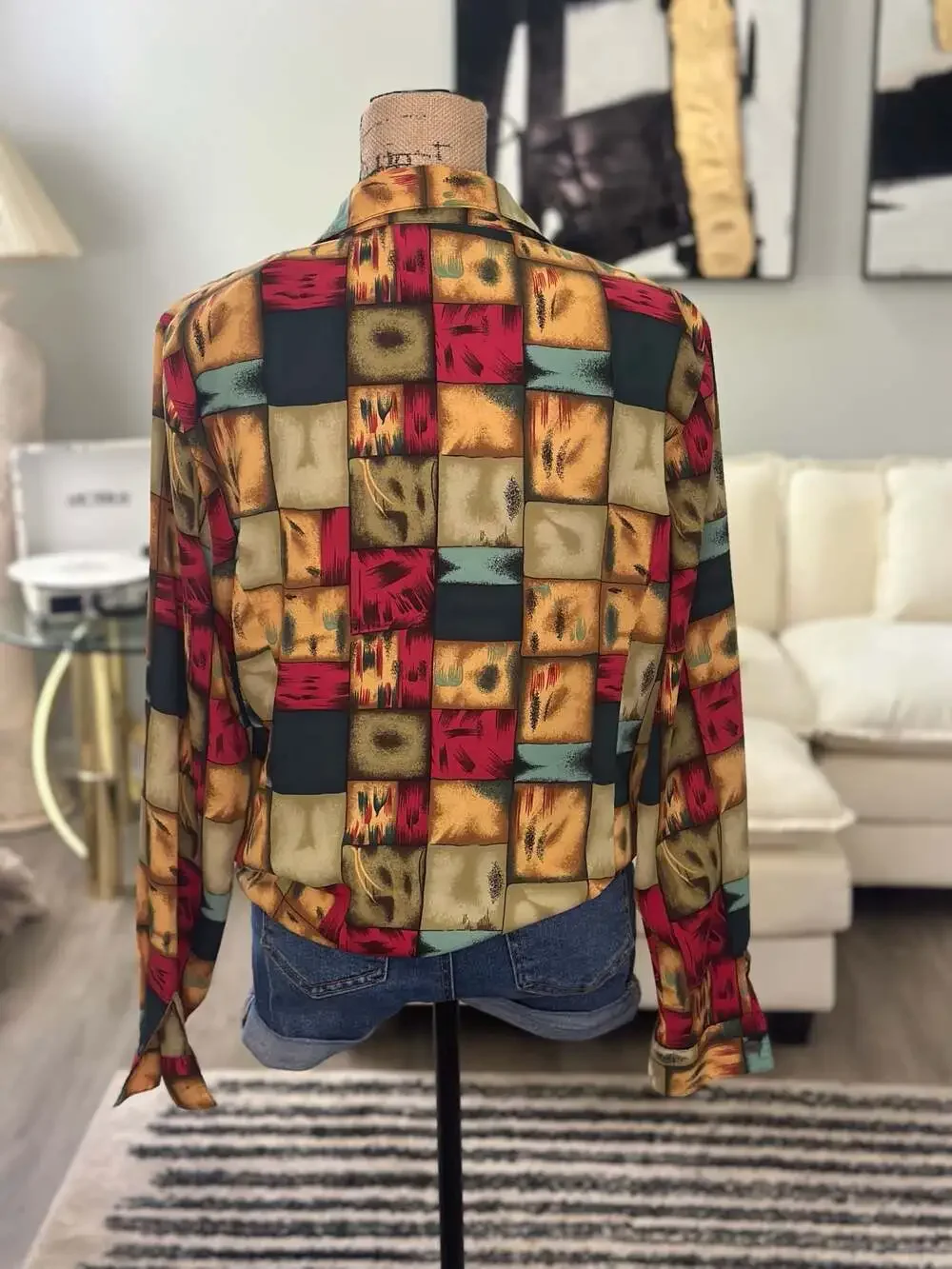 Vintage Cathy Che Abstract Geometric Block Art Print Button Up Size 14 - Picture 6 of 6